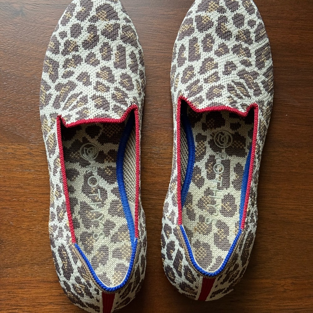 Rothy's Leopard Print Slip-Ons with Red and Blue Trim